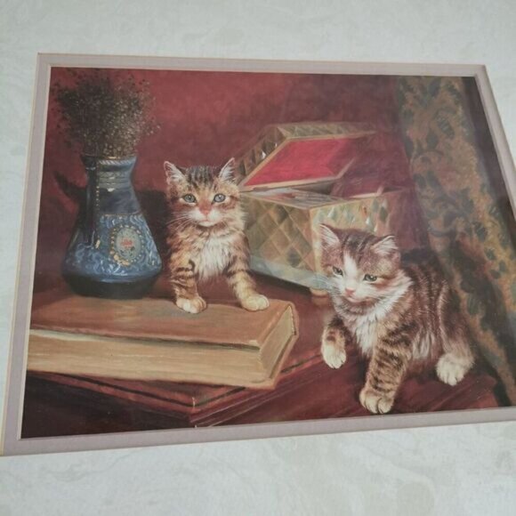 Vintage Fancy Kittens Framed Print 15.5" x 17.5" Victorian Cats Wall Art - Picture 3 of 7